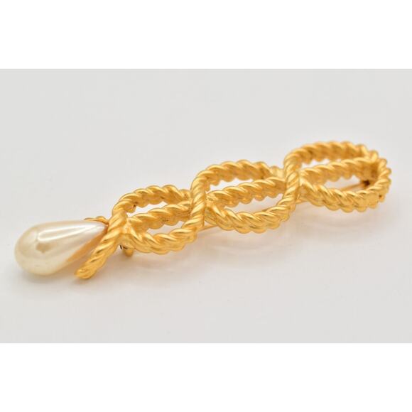 Givenchy Vintage Big Rope Pin Brooch Matte Brushed Gold Pearl Chunky Signed BinJ - Picture 6 of 12